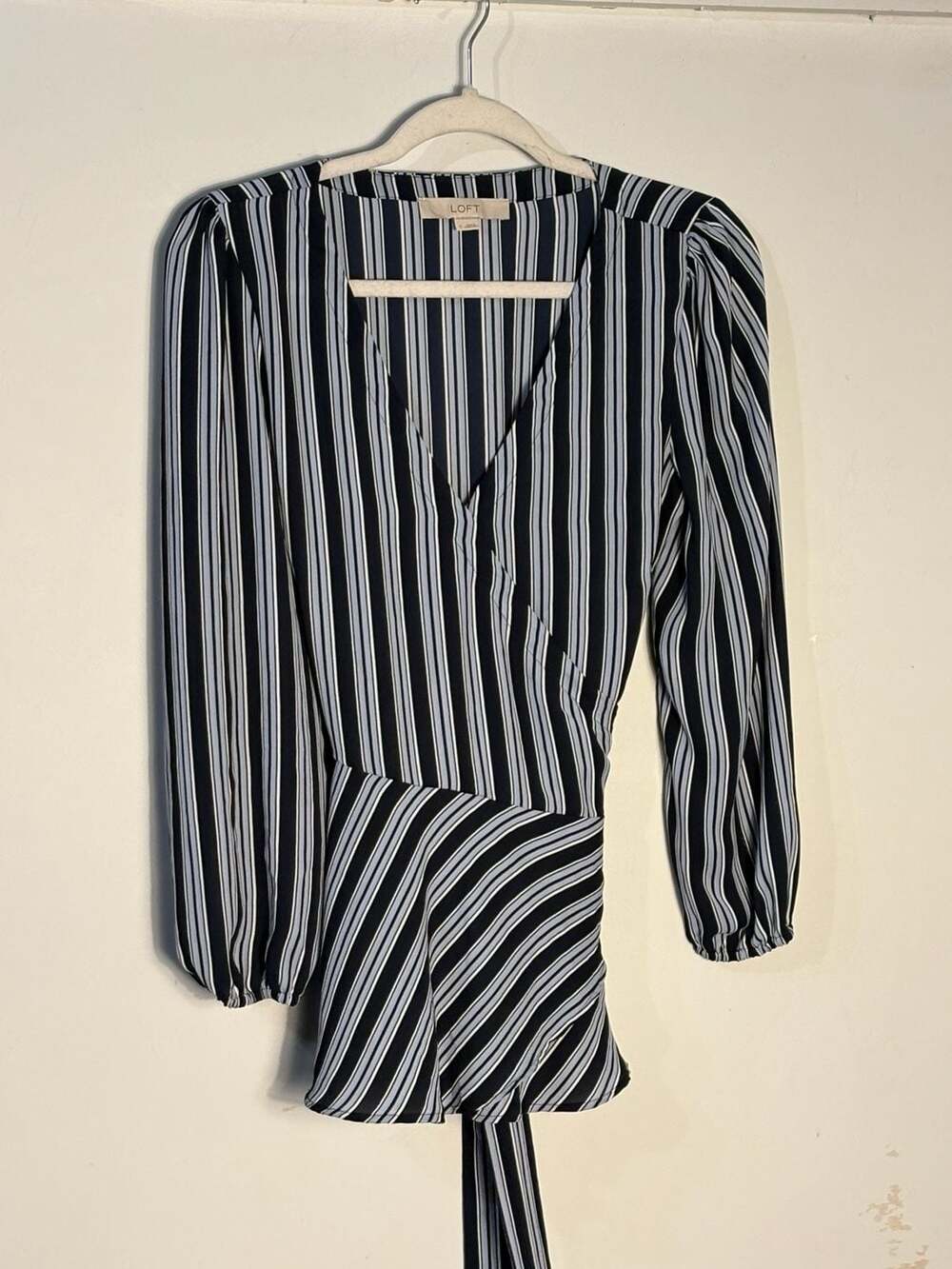 003-0043 Loft Navy and Blue Striped Long Sleeve Wrap-Front Peplum Blouse